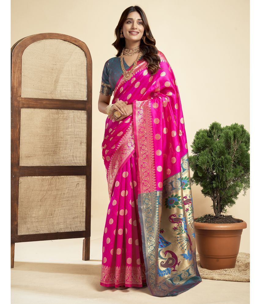     			Samah Silk Blend Printed Saree With Blouse Piece - Magenta ( Pack of 1 )