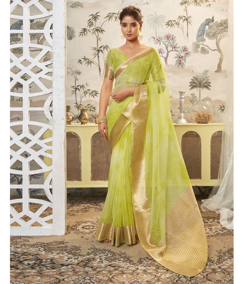     			Satrani Organza Embellished Saree With Blouse Piece - Light Green ( Pack of 1 )