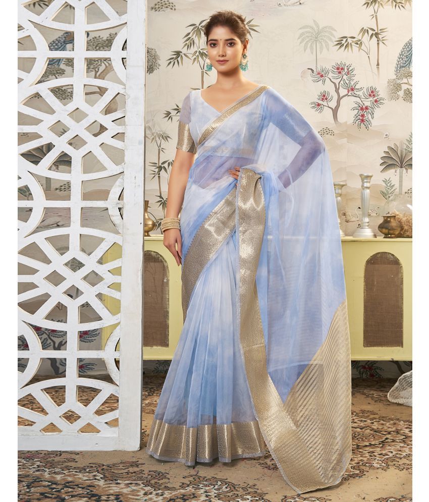     			Satrani Organza Embellished Saree With Blouse Piece - Light Blue ( Pack of 1 )