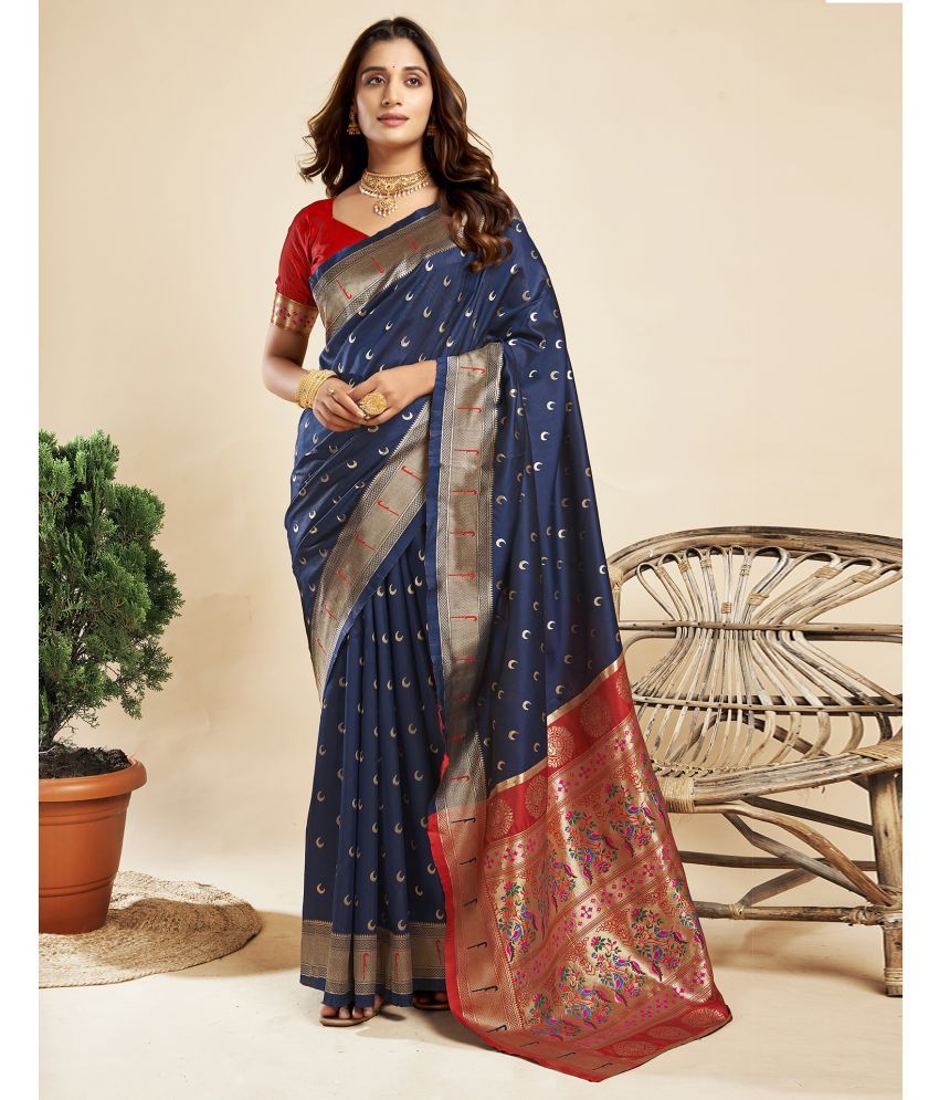     			Satrani Silk Blend Embellished Saree With Blouse Piece - Navy Blue ( Pack of 1 )