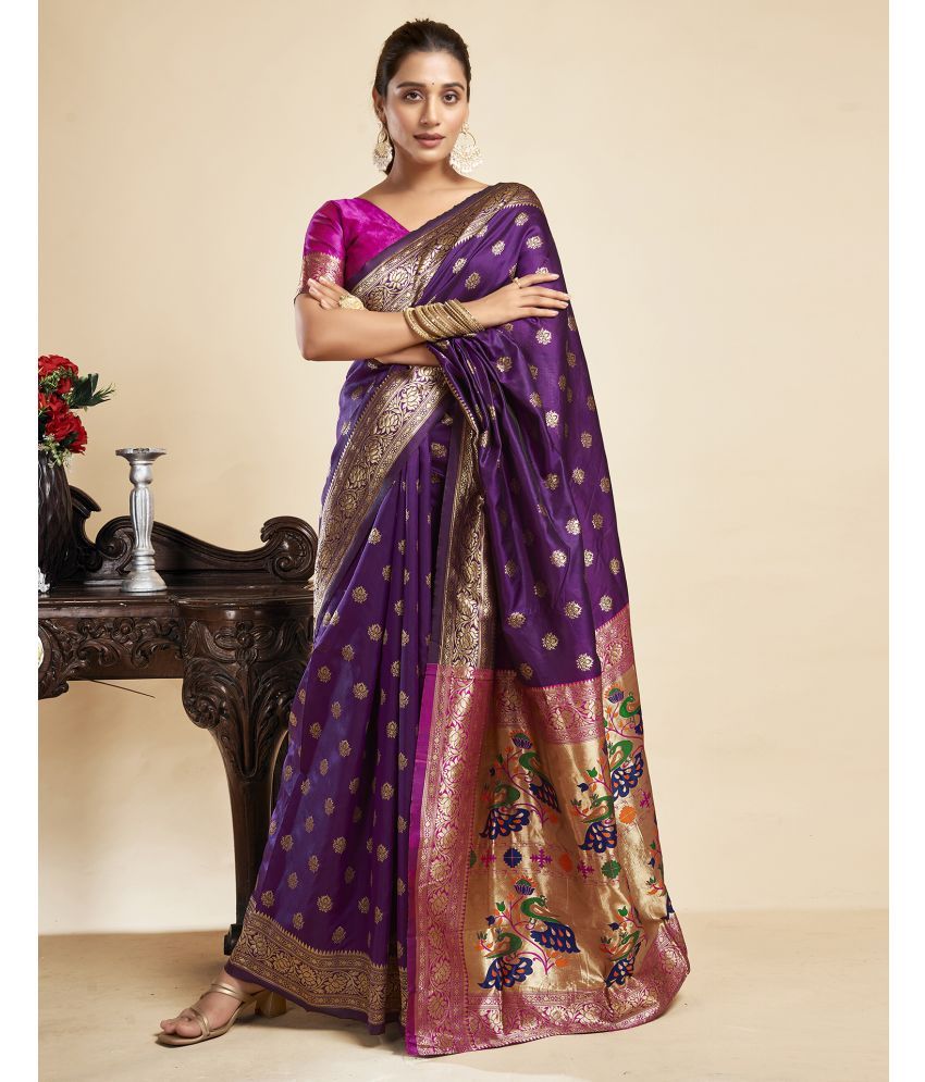     			Satrani Silk Blend Embellished Saree With Blouse Piece - Purple ( Pack of 1 )