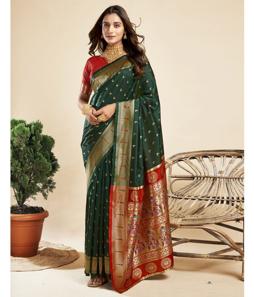     			Satrani Silk Blend Embellished Saree With Blouse Piece - Green ( Pack of 1 )