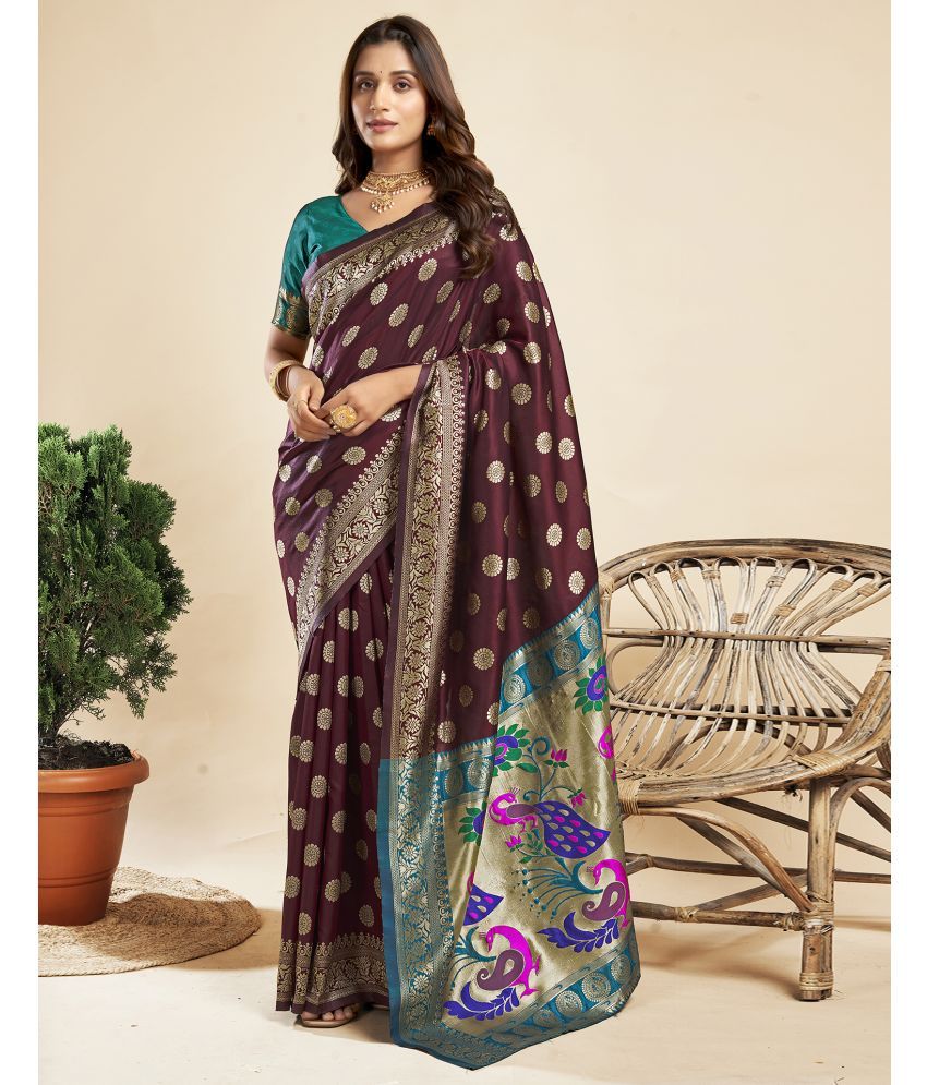     			Satrani Silk Blend Embellished Saree With Blouse Piece - Brown ( Pack of 1 )