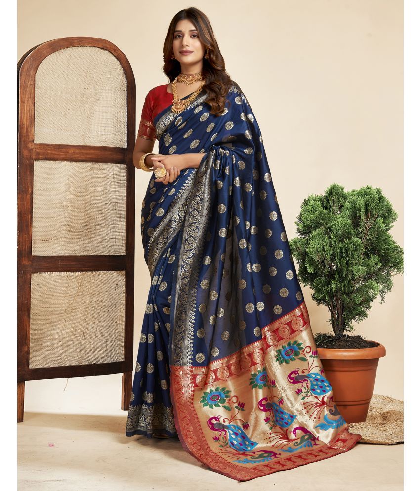     			Satrani Silk Blend Embellished Saree With Blouse Piece - Navy Blue ( Pack of 1 )