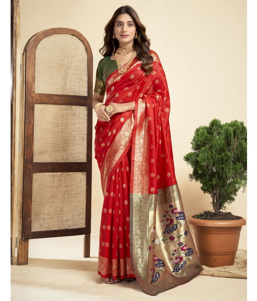     			Satrani Silk Blend Embellished Saree With Blouse Piece - Red ( Pack of 1 )