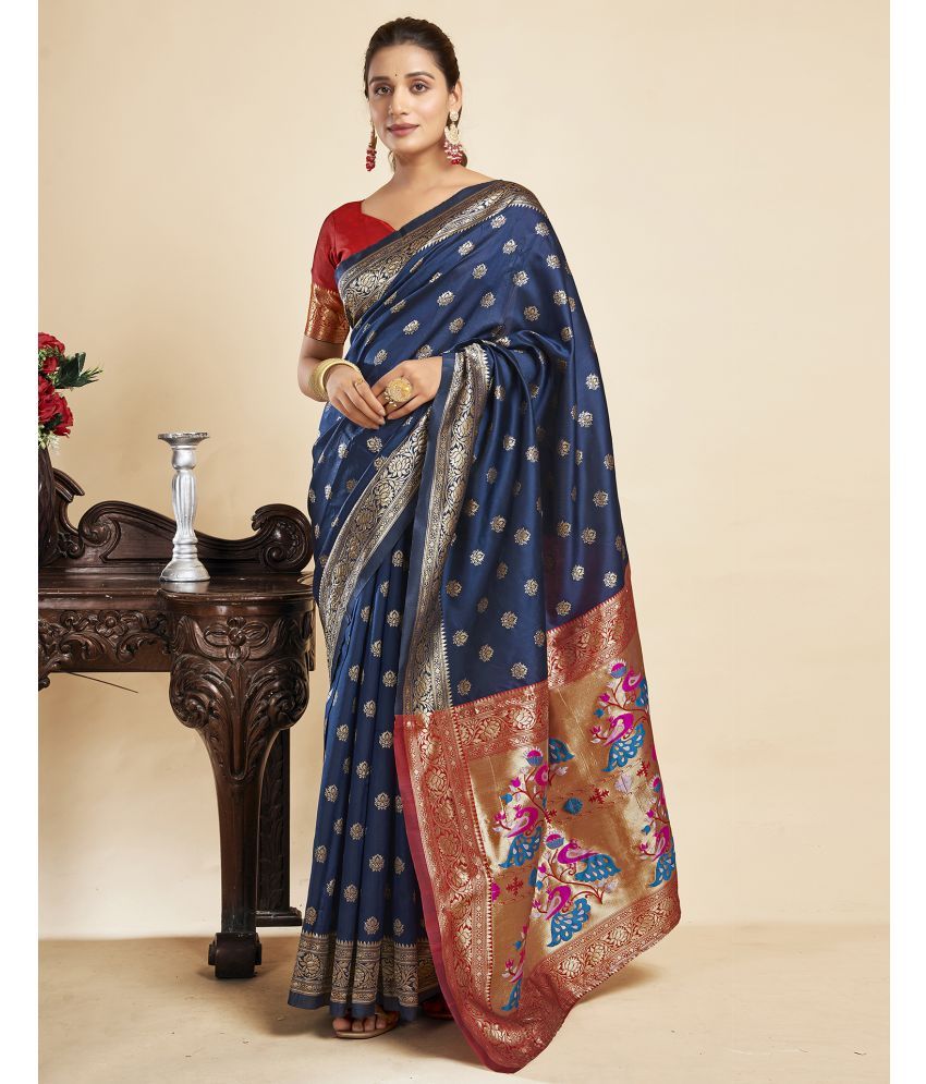     			Satrani Silk Blend Embellished Saree With Blouse Piece - Navy Blue ( Pack of 1 )