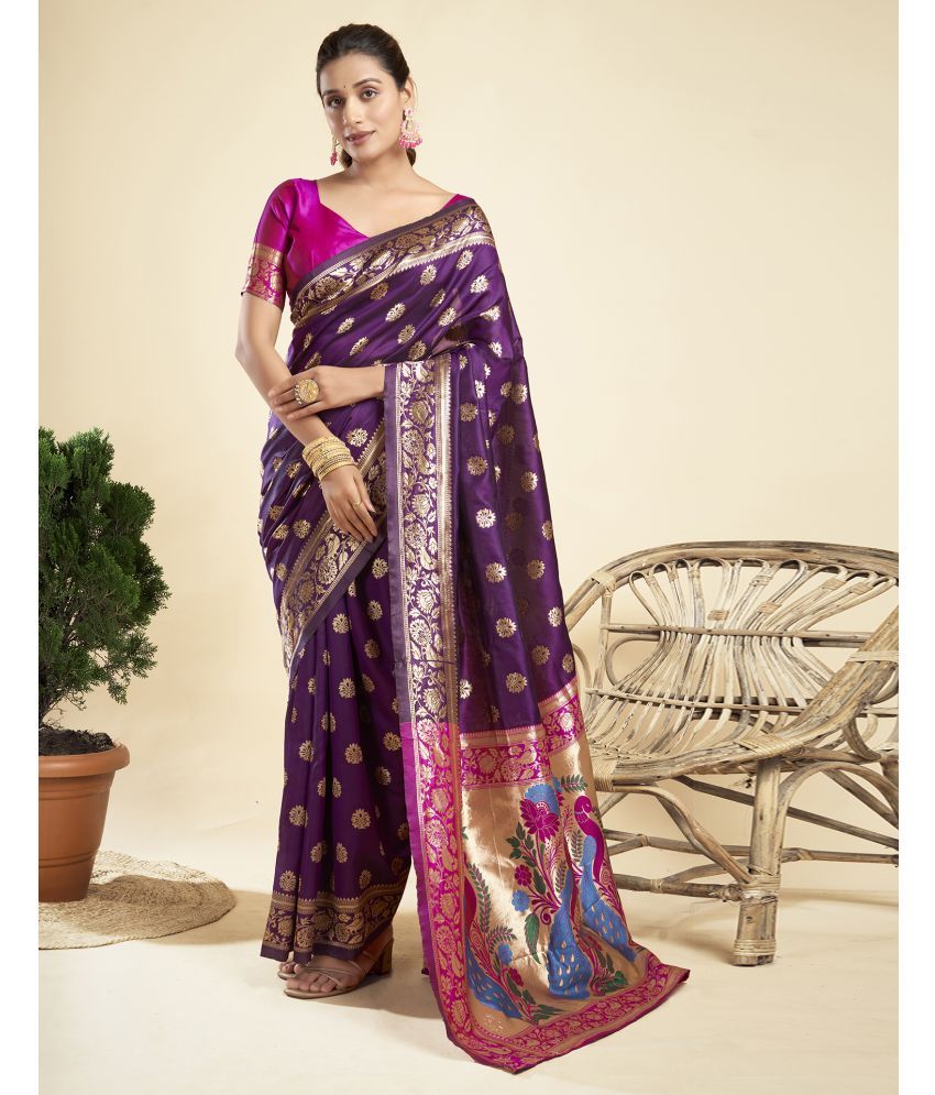     			Satrani Silk Blend Self Design Saree With Blouse Piece - Purple ( Pack of 1 )