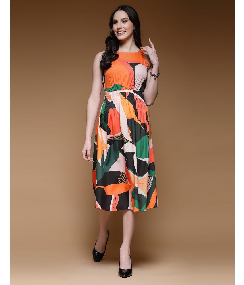     			Selvia Crepe Printed Midi Women's Fit & Flare Dress - Orange ( Pack of 1 )