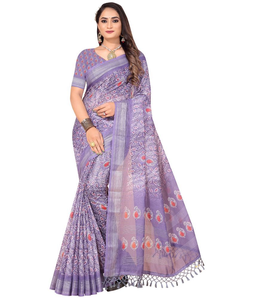     			AMTHI Linen Printed Saree With Blouse Piece - Purple ( Pack of 1 )