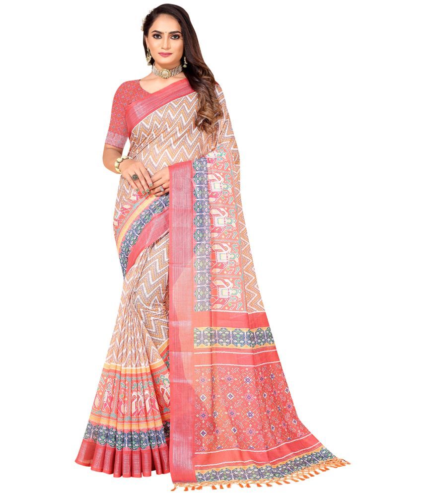     			AMTHI Linen Printed Saree With Blouse Piece - Multicolour ( Pack of 1 )