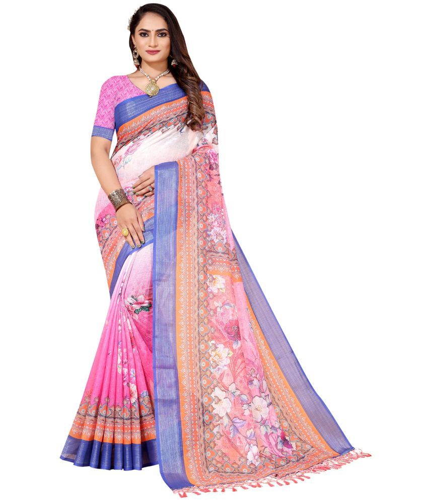     			AMTHI Linen Printed Saree With Blouse Piece - Pink ( Pack of 1 )