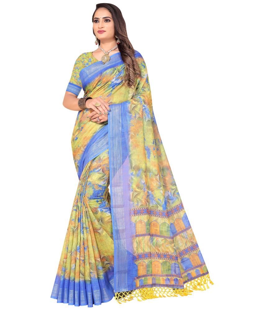     			AMTHI Linen Printed Saree With Blouse Piece - Multicolour ( Pack of 1 )