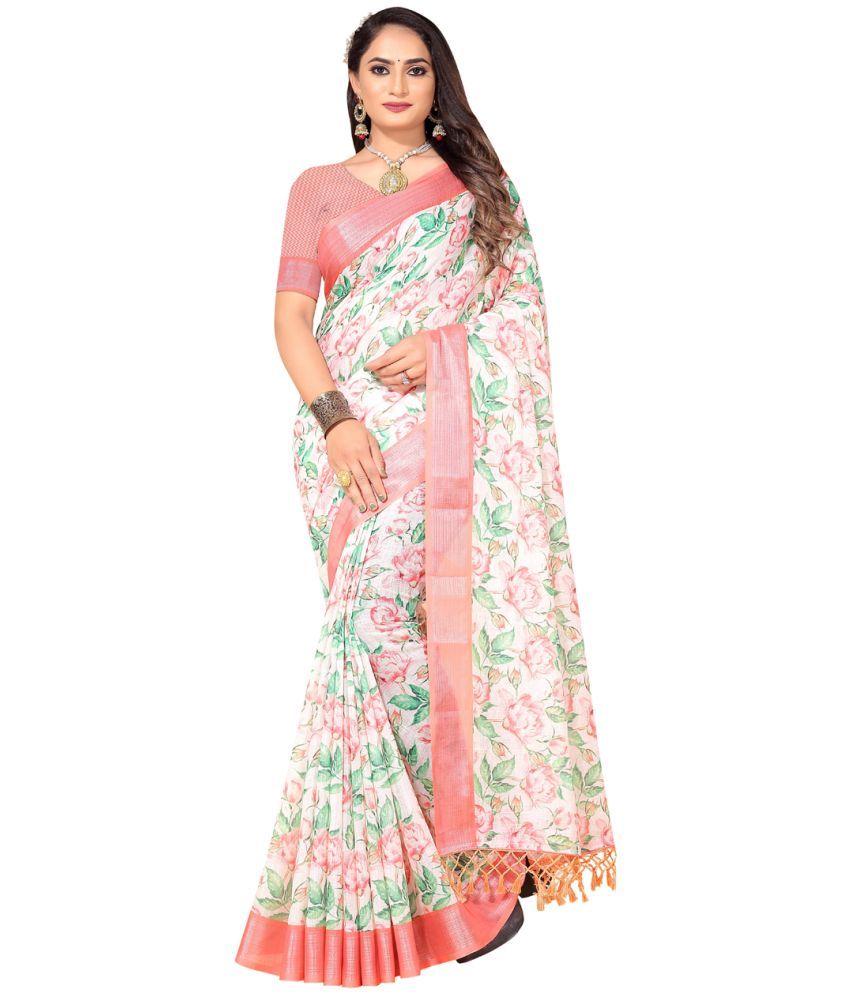     			AMTHI Linen Printed Saree With Blouse Piece - White ( Pack of 1 )