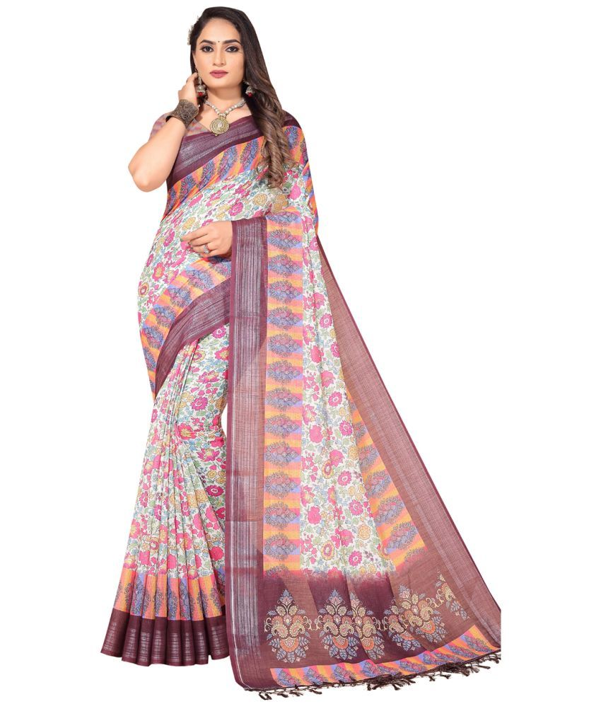     			AMTHI Linen Printed Saree With Blouse Piece - Multicolour ( Pack of 1 )