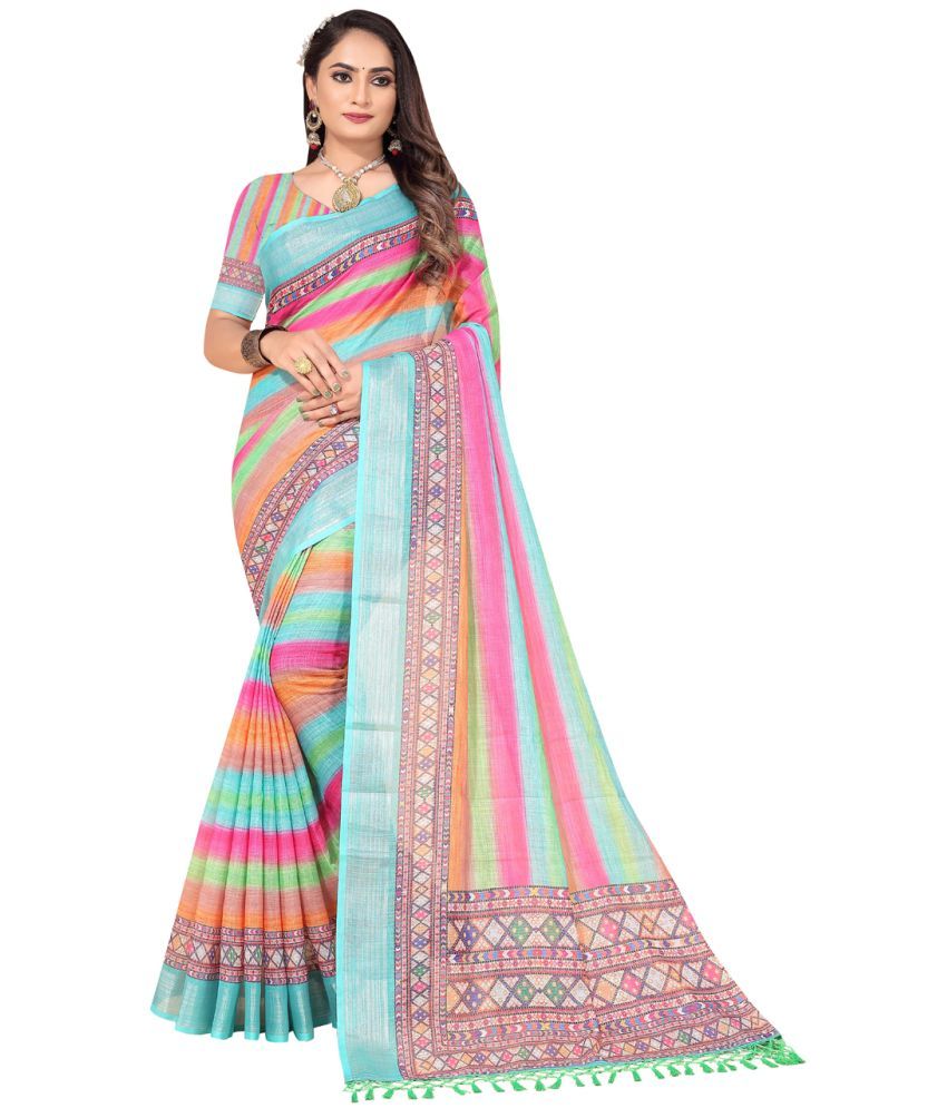     			AMTHI Linen Striped Saree With Blouse Piece - Multicolour ( Pack of 1 )