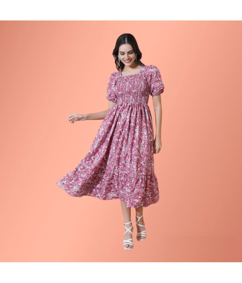     			Femvy Polyester Printed Midi Women's Fit & Flare Dress - Pink ( Pack of 1 )