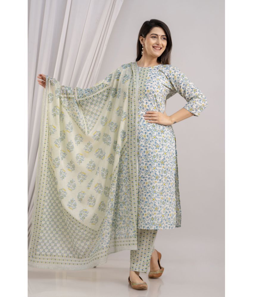     			Frionkandy Cotton Printed Kurti With Pants Women's Stitched Salwar Suit - Turquoise ( Pack of 1 )