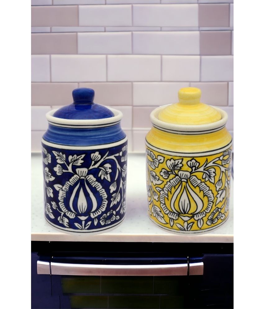     			Malaikah Blu Yllw Pickle Jar Ceramic Multicolor Pickle Container ( Set of 2 )