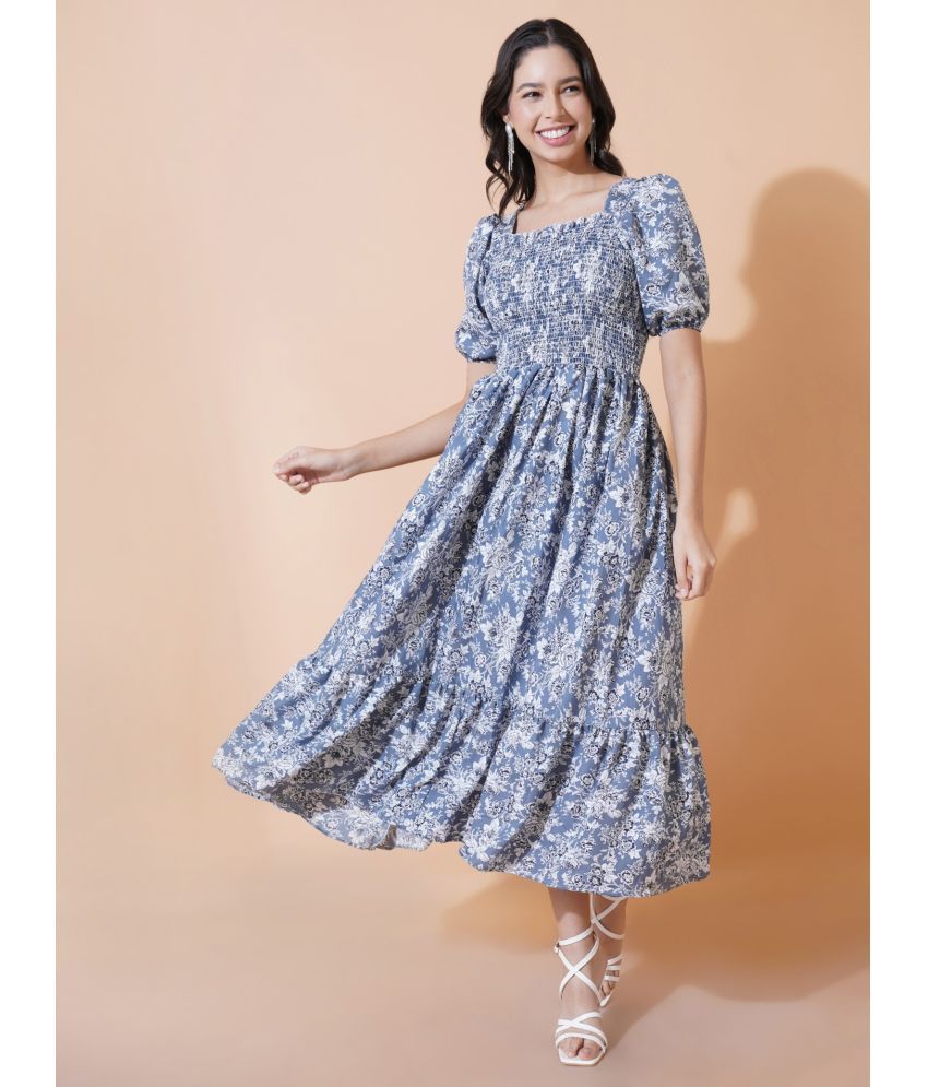     			RAIYANI FASHION Polyester Printed Midi Women's Fit & Flare Dress - Blue ( Pack of 1 )