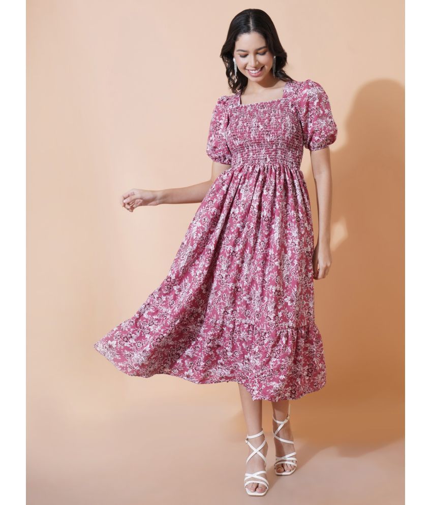     			RAIYANI FASHION Polyester Printed Midi Women's Fit & Flare Dress - Pink ( Pack of 1 )