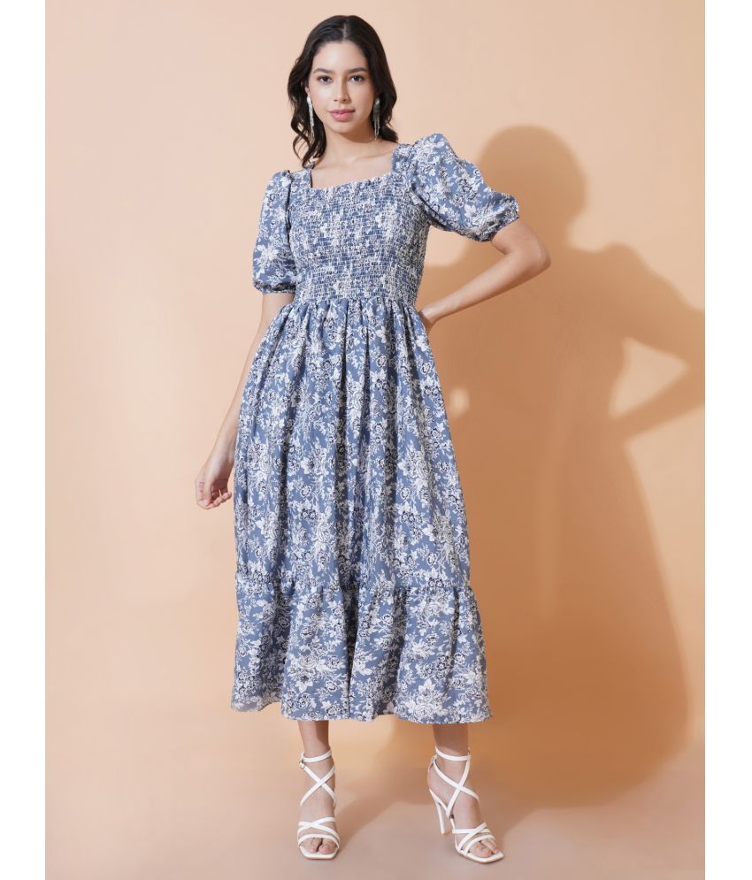     			RAIYANI FASHION Polyester Printed Midi Women's Fit & Flare Dress - Blue ( Pack of 1 )