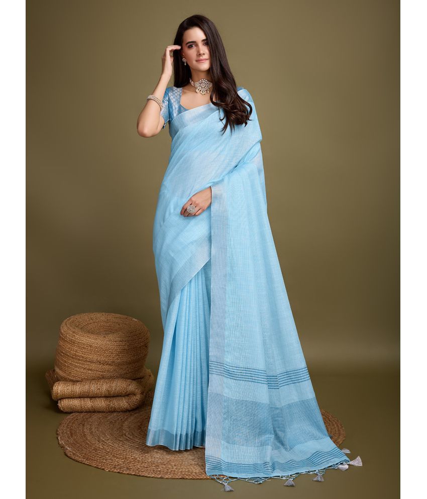     			Rekha Maniyar Linen Solid Saree With Blouse Piece - Blue ( Pack of 1 )