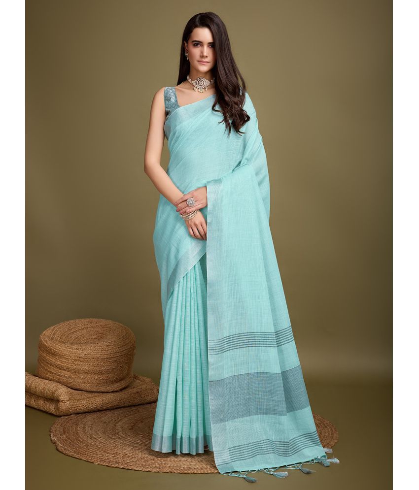     			Rekha Maniyar Linen Solid Saree With Blouse Piece - Teal ( Pack of 1 )