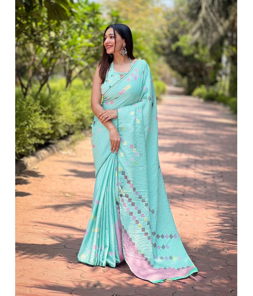     			Rekha Maniyar Satin Printed Saree With Blouse Piece - Turquoise ( Pack of 1 )