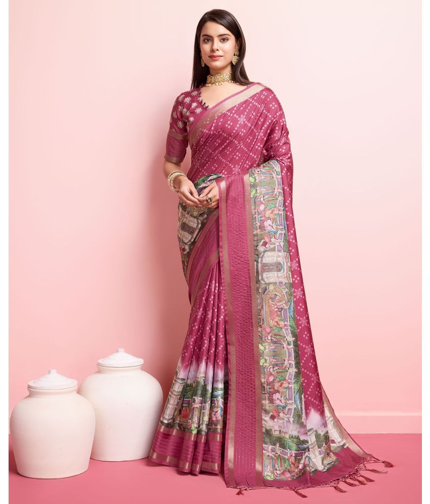     			Rekha Maniyar Silk Printed Saree With Blouse Piece - Pink ( Pack of 1 )