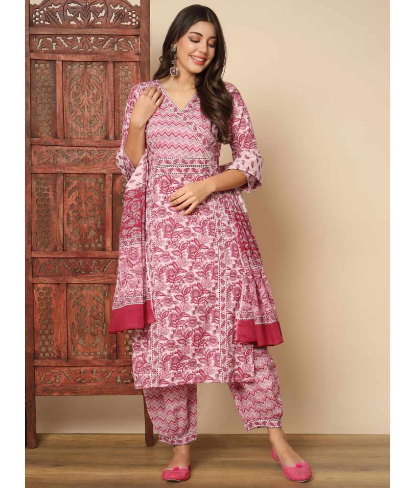     			Vbuyz Cotton Printed Kurti With Pants Women's Stitched Salwar Suit - Pink ( Pack of 1 )