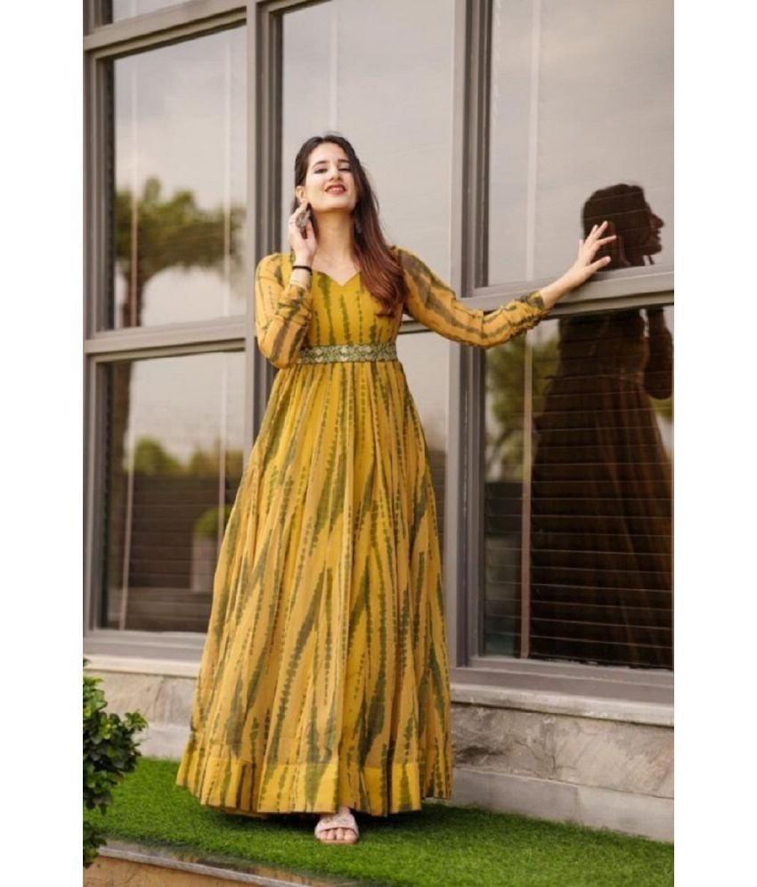     			Apnisha Yellow Flared Georgette Women's Stitched Ethnic Gown ( Pack of 1 )