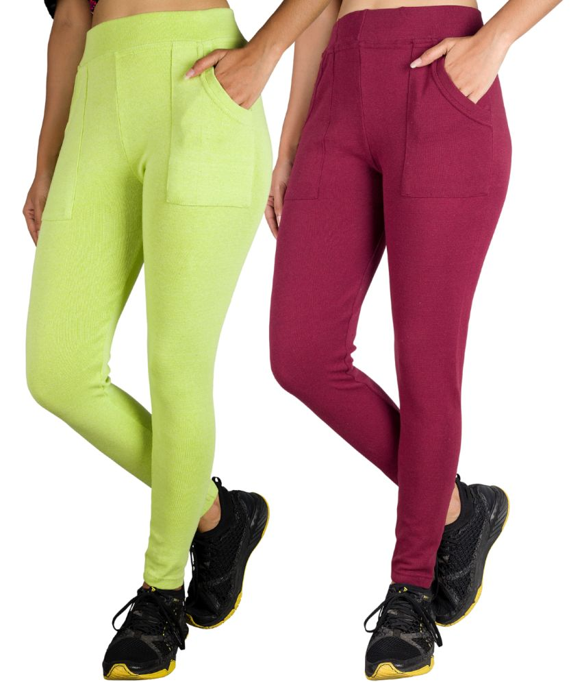     			KARARO JEGGINGS - Cotton Blend Skinny Fit Fluorescent Green Women's Jeggings ( Pack of 2 )