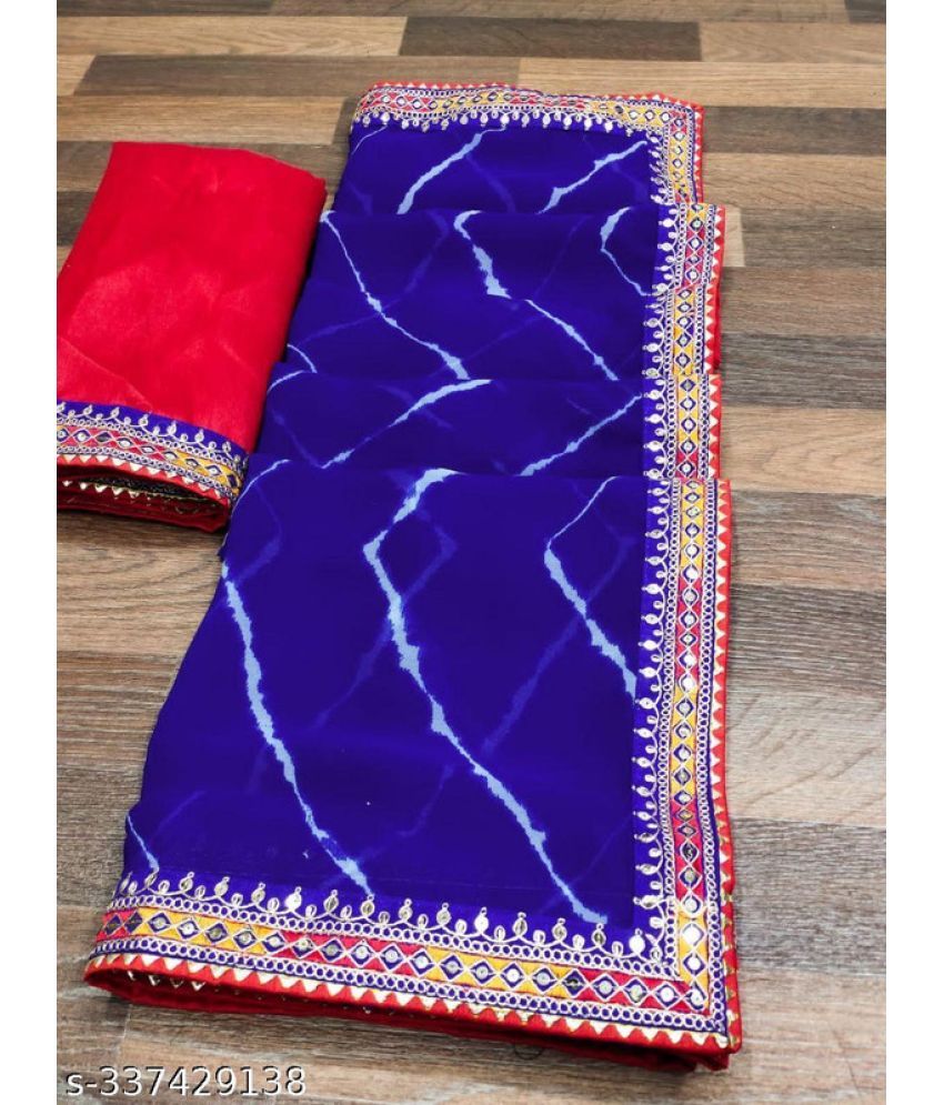     			Poshvariety Georgette Dyed Saree With Blouse Piece - Blue ( Pack of 1 )