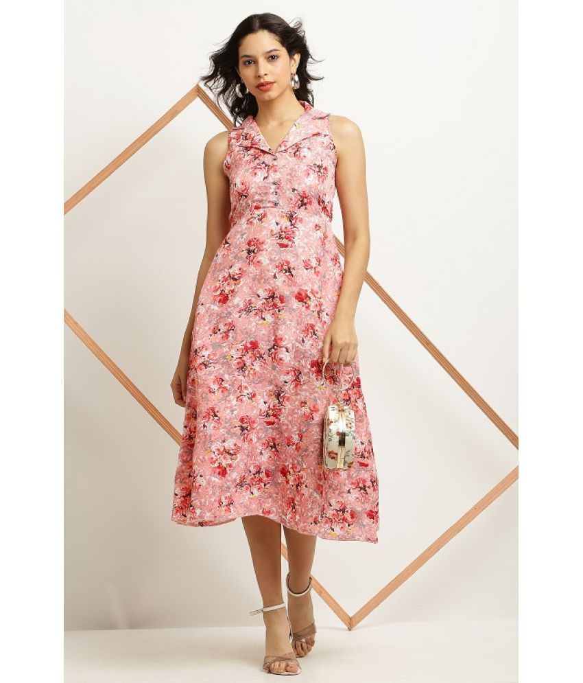     			READYON Crepe Printed Midi Women's Fit & Flare Dress - Pink ( Pack of 1 )