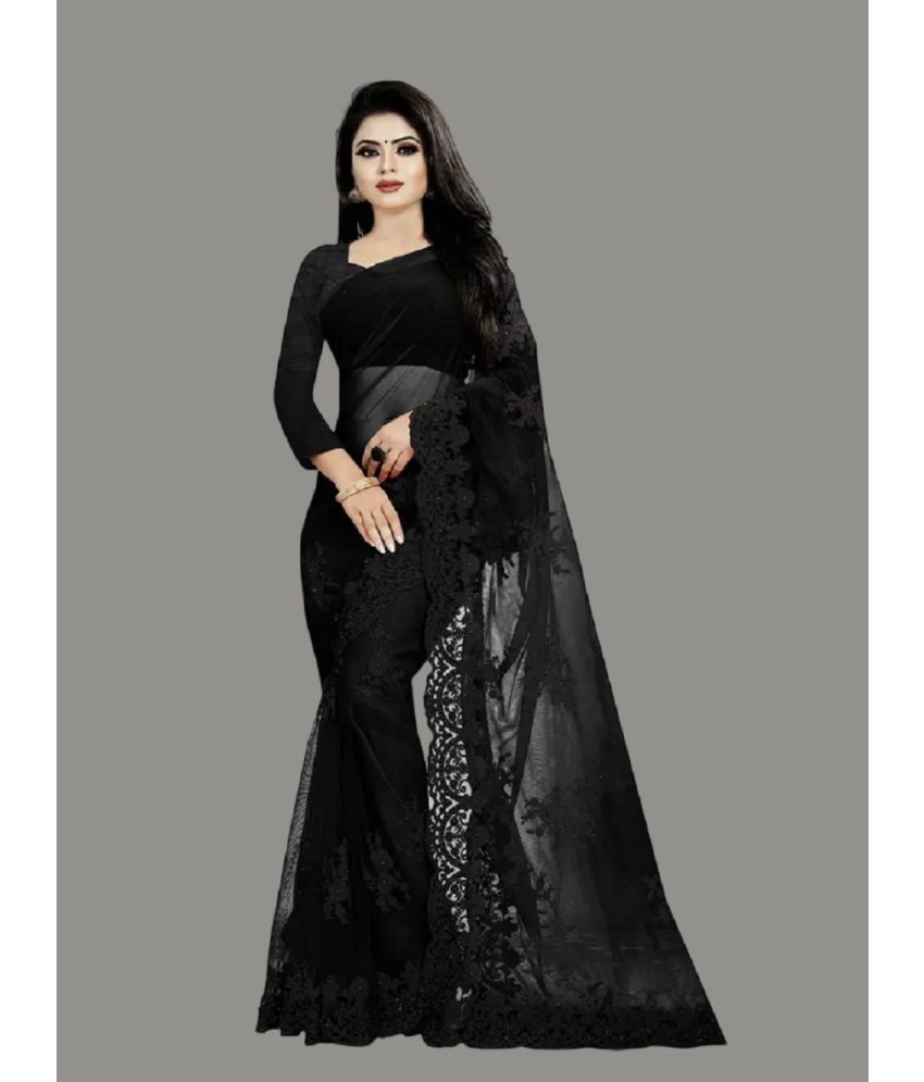     			A TO Z CART Net Embroidered Saree With Blouse Piece - Black ( Pack of 1 )