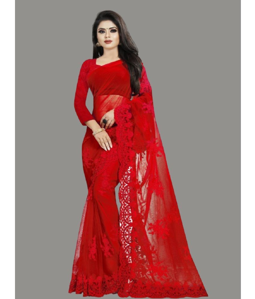     			A TO Z CART Net Embroidered Saree With Blouse Piece - Red ( Pack of 1 )