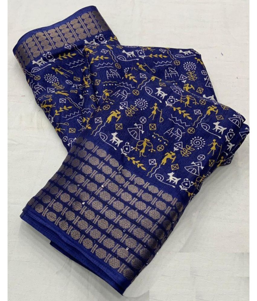     			Aika Silk Printed Saree With Blouse Piece - Navy Blue ( Pack of 1 )