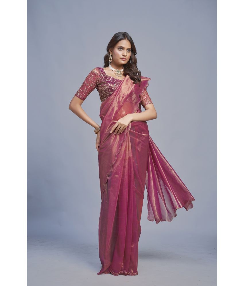     			Apnisha Organza Solid Saree With Blouse Piece - Wine ( Pack of 1 )