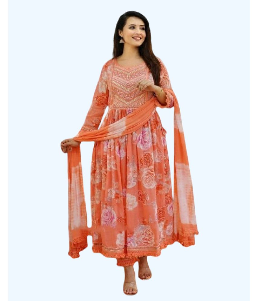     			HF WORLD Cotton Printed Kurti With Pants Women's Stitched Salwar Suit - Orange ( Pack of 1 )