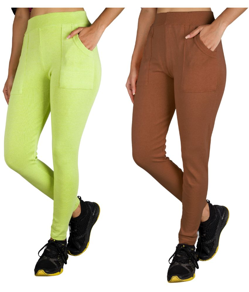     			KARARO JEGGINGS - Cotton Blend Skinny Fit Fluorescent Green Women's Jeggings ( Pack of 2 )