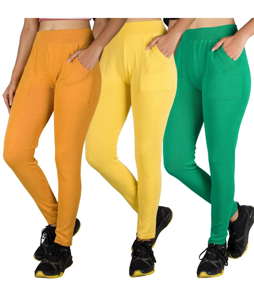     			KARARO JEGGINGS - Cotton Blend Skinny Fit Yellow Women's Jeggings ( Pack of 3 )