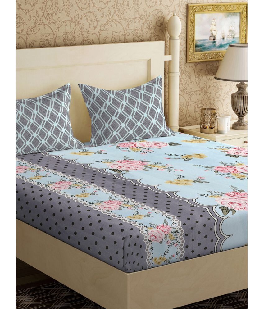     			Klotthe Poly Cotton Floral 1 Double Bedsheet with 2 Pillow Covers - Sky Blue