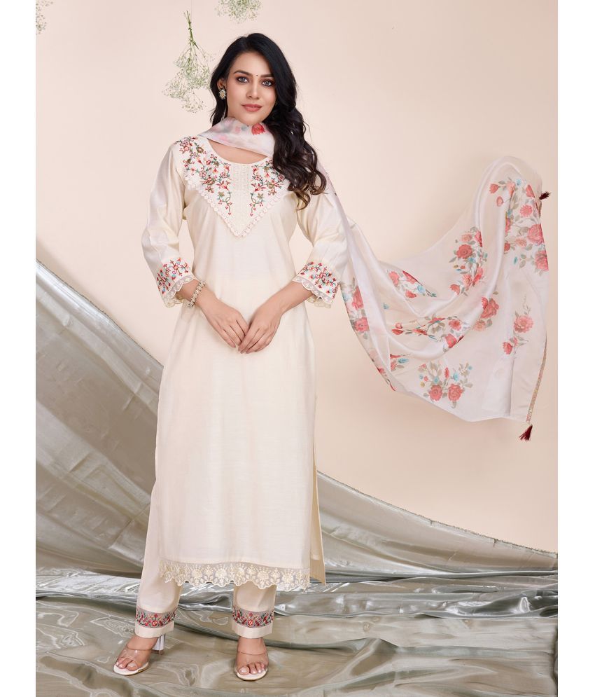     			MOJILAA Viscose Embroidered Kurti With Pants Women's Stitched Salwar Suit - Cream ( Pack of 1 )