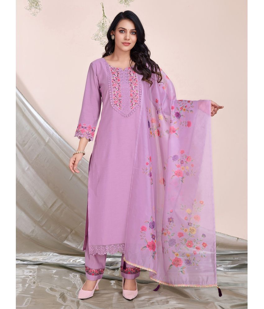     			MOJILAA Viscose Embroidered Kurti With Pants Women's Stitched Salwar Suit - Lavender ( Pack of 1 )