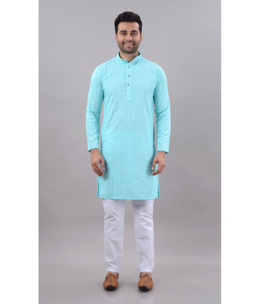     			MOUDLIN Sky Blue Cotton Blend Regular Fit Men's Kurta Pyjama Set ( Pack of 1 )