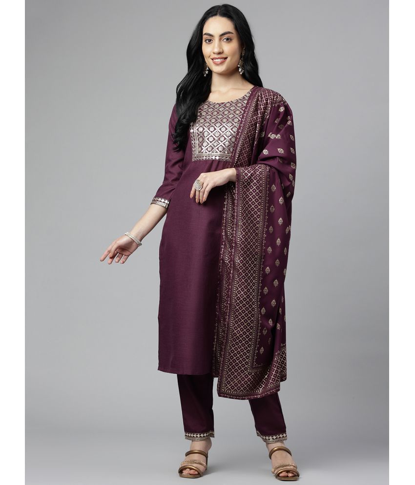     			NERMOSA Viscose Embellished Kurti With Pants Women's Stitched Salwar Suit - Purple ( Pack of 1 )