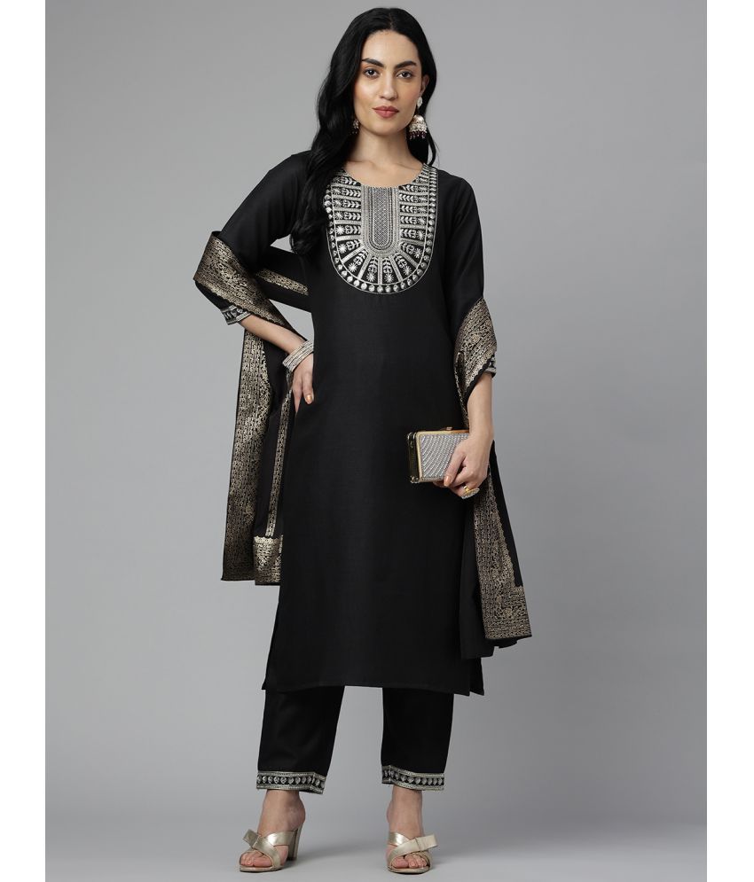     			NERMOSA Viscose Embellished Kurti With Pants Women's Stitched Salwar Suit - Black ( Pack of 1 )