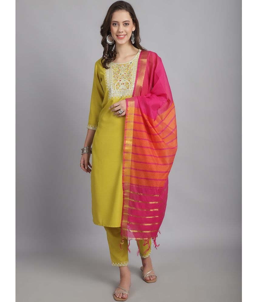     			NERMOSA Viscose Embroidered Kurti With Pants Women's Stitched Salwar Suit - Yellow ( Pack of 1 )