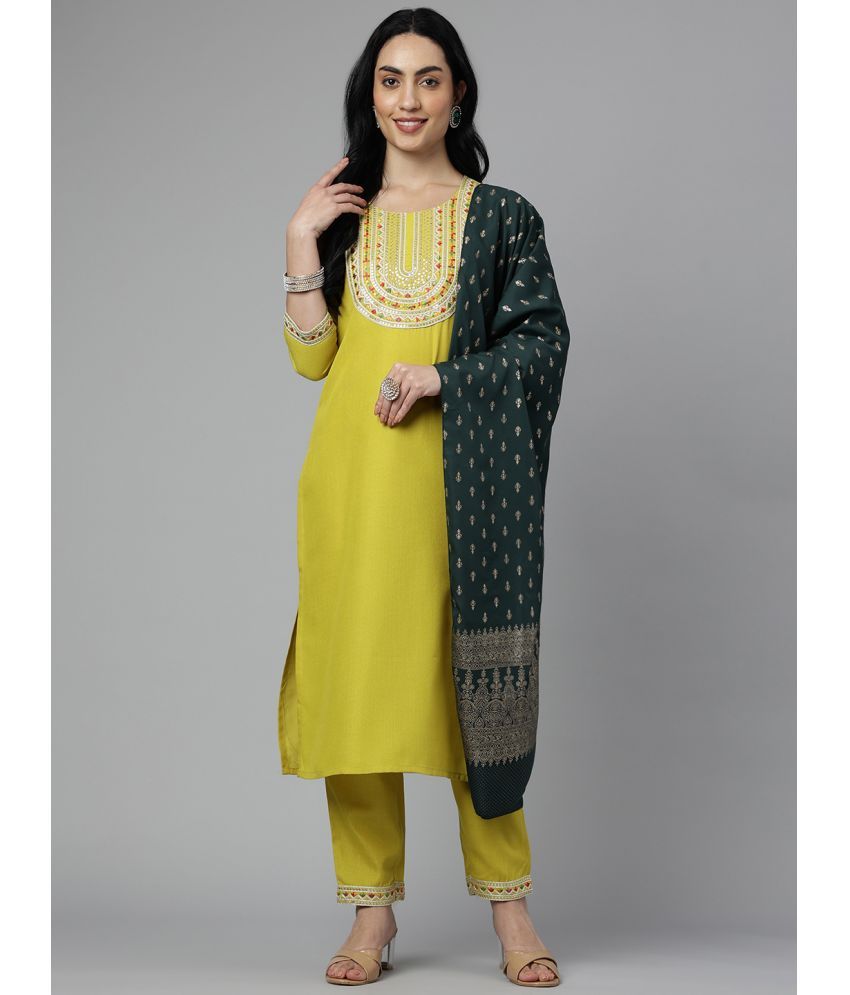     			NERMOSA Viscose Embroidered Kurti With Pants Women's Stitched Salwar Suit - Yellow ( Pack of 1 )