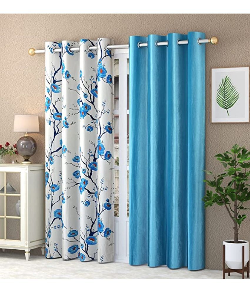     			SWIZIER Floral Room Darkening Eyelet Curtain 7 ft ( Pack of 2 ) - Light Blue